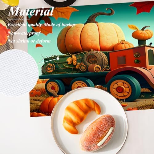 Shrahala Autumn Pumpkin Harvest Set of 8 12 X 18 Inch Linen Placemats, Trucks Rice Paddies Cartoons Art Burlap Table Mat Washable Double Layered Heat Insulation for Indoor