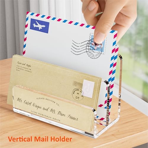 FUCDTEFC Desk Mail Organizer, 2 Section Clear Acrylic File Holder Letter Organizer, Vertical Lightweight Modern Envelope Holder Desk Accessories & Workspace Organizers for Office, Home, School