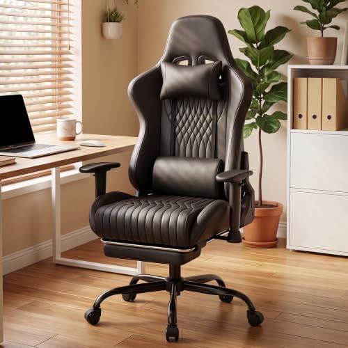 LUCKRACER Gaming Chair with Footrest, 90°-155° Reclining Ergonomic Computer Chair with 3D Armrests, Headrest and Lumbar Pillow, 360° Swivel, SGS-Tested Gas Lift, 330 lbs Capacity, Black