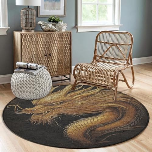 Home Decor Non Slip Kitchen Office Circle Rug, Machine Washable Modern Round Area Rug, Room Sofa Yoga Soft Round Carpet Cool Dragon Black Drak Night, 60inch