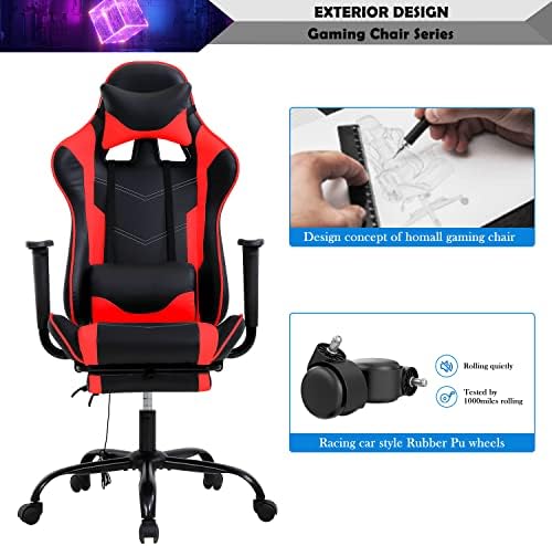 Red Gaming Chair with Footrest, PU Leather Gaming Chairs for Adults, High Back Comfy Office Chair Ergonomic Desk Chair Computer Chair, Reclining Gamer Chair, Height & Backrest Adjustable, 300 Lbs