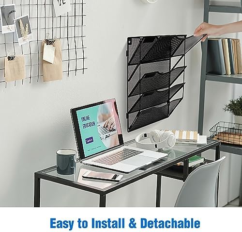 BOHDK Wall File Organizer 5 Pockets, Mail Organizer, Hanging Folder Holder, Foldable | Hanging or Wall Mounted | Label Panel | 2 Hooks | Office Home School Organizer, Black