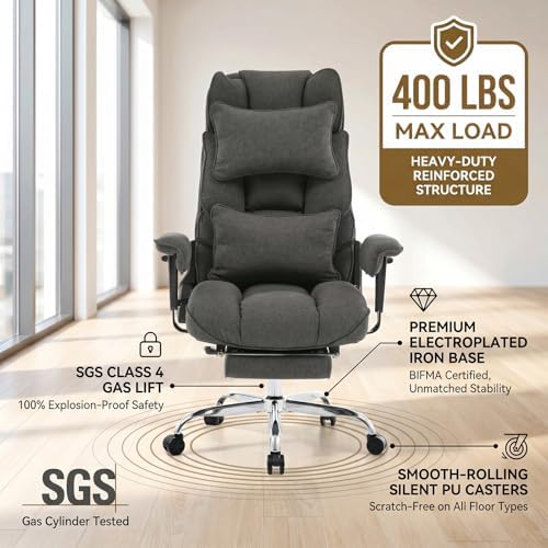 mokodo Big and Tall Office Chair 400lbs, Breathable Fabric Executive Desk Chair with Pocket Spring Cushion, 155° Reclining Computer Chair with Integrated Headrest & Lumbar Pillow (Dark Grey)