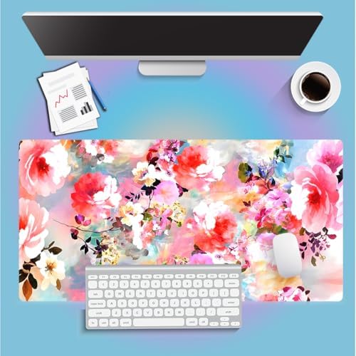 Romantic Watercolor Floral Large Mouse Pad, Pink Flowers Painting Desk Mat