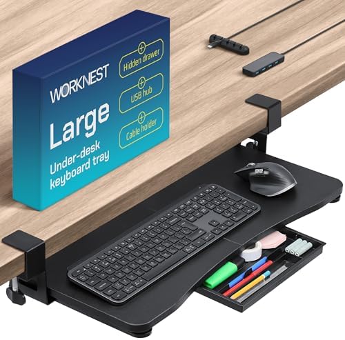 Keyboard Tray | Under Desk Keyboard Tray Slide Out w/Adjustable C-Clamps for Desks Up to 1.5-Inch-Thick | Clamp On Drawer with 1x USB-C to 4 USB-A Hub and 1x Five-Cable Management Organizer