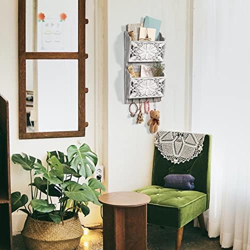 2-Slot Mail Organizer Wall Mount with 4 Hooks