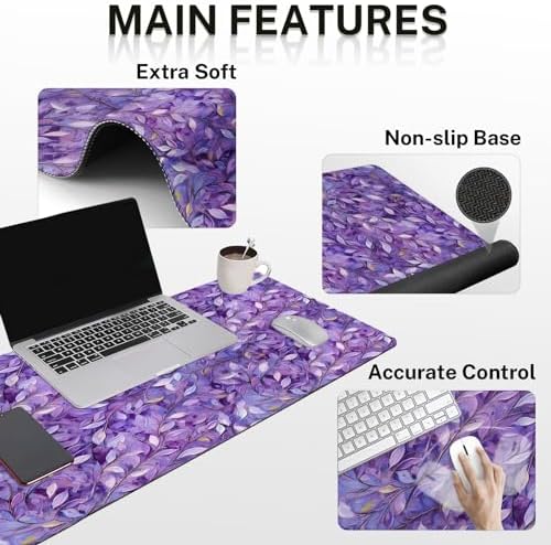 Britimes Keyboard Mouse Pad Set, 4 in 1 Desk Mat Set, Purple Leaves Oil