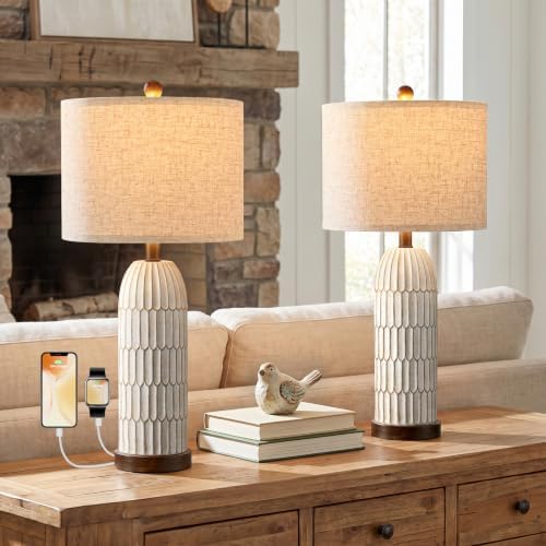 OYEARS 26" Bedside Table Lamps Set of 2, Farmhouse Lamp with USB,Dark Brown