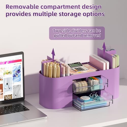 Marbrasse Pen Holder for Desk with 3 Drawers, Multi-Functional Pencil Holder, Desk Organizers and Accessories with 7 Compartments for Home, School, Classroom (Purple)