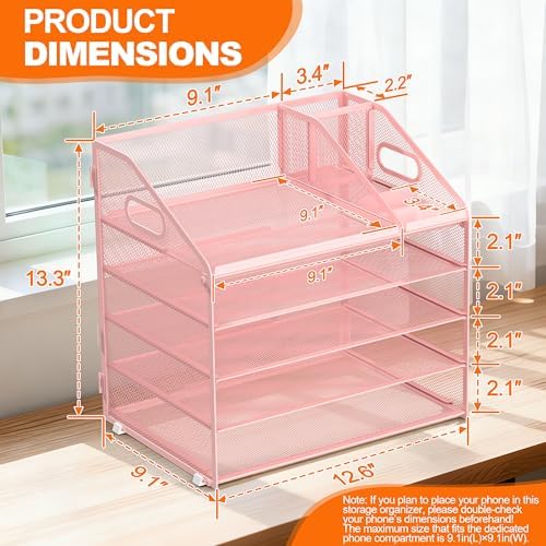 DocNest 5 Tier Metal Mesh Desk File Organizer with Phone Shelf, Pink
