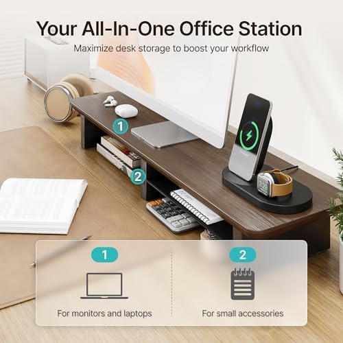 PEGZONE 31.5" Dual Monitor Riser, Metal Shelf Wooden Desk Organizer