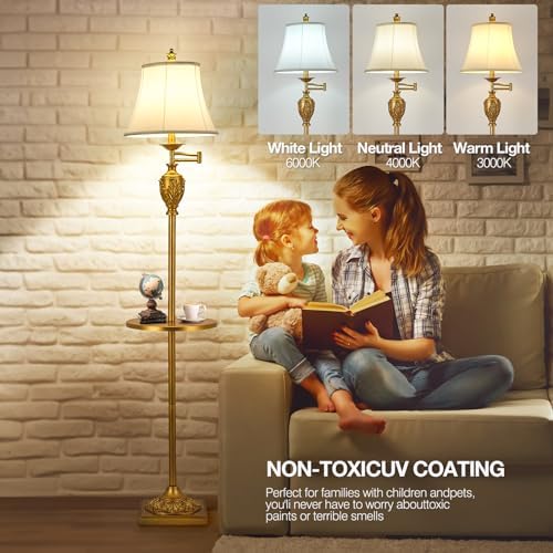 Traditional Floor Lamp with Tray, Remote Dimmable, 350° Swing Arm and Gold