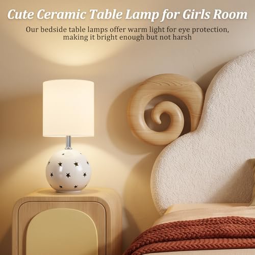 Small Table Lamp,14" White Ceramic Bedside Lamp for Girls Kids Bedroom,Dorm