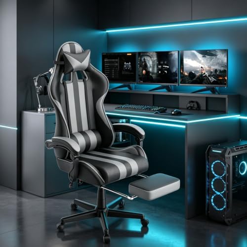 Ferghana Grey Gaming Chair, Ergonomic Racing Style Computer Chair with Footrest, Adjustable Reclining, Lumbar and Head Support, PU Leather Gamer Chair