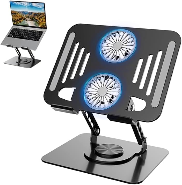Laptop Cooling Stand with Fan, 360° Rotating Base, Adjustable Height, Portable Notebook Riser for Desk Gaming, Office, Movie Watching & Screen Sharing, Fits Up to 17 Inch Laptops