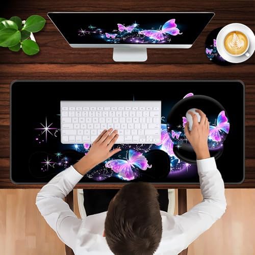 Mouse Pad,Large Pink Desk Mat, 4in1 XXL Mousepad + Keyboard Wrist Rest+Mouse Wrist Rest+Coaster Set with Ergonomic Desk Pad for Home Office Table Computer-Glowing Night Pink Butterflies