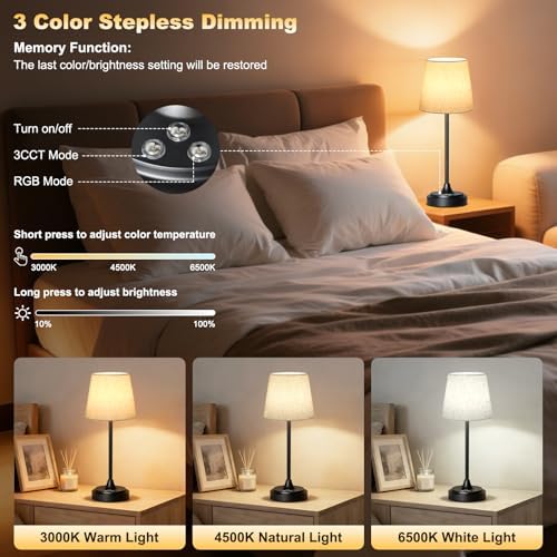 Wowag Cordless Table Lamp Rechargeable,5000mAh Battery Operated Desk Lamp,3 Colors & 7 RGB Stepless Dimmable,Touch Ambient Light for Bedside,Bedroom,Dining Room,Living Room,Black,FlaxenShade