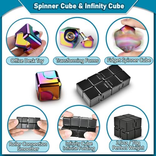 Dr.Kbder 5 Pcs Fidget Toys Adults Set, EDC Cool Desk Gadgets Office Spinner Toys for Teen Kid with Metal Fidgets Infinity Cube Figits Ring Bike Chain ADHD Stress Anxiety Relief Gift for Boys Girls