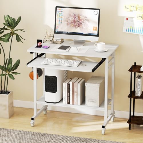Tangkula Rolling Computer Desk Cart with Keyboard Tray, Mobile Portable Laptop PC Desk with CPU Stand & 3 Hooks for Sofa & Bed, Compact Small Desk on Wheels for Small Spaces (White)