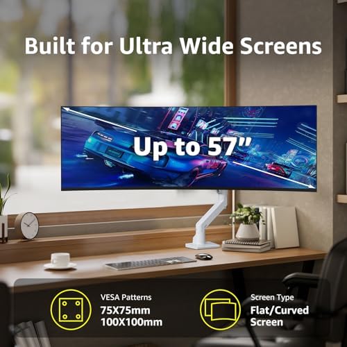 BEWISER Heavy Duty Monitor Arm Mount for 34-49 inches and Ultra 57 inches Screens,Weight Capacity Up to 44 lbs,Full Motion Height Swivel Adjustable Monitor Arm(White)
