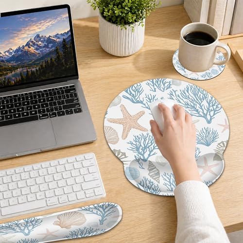 Starfish Wrist Rest Support for Mouse Pad Keyboard Set, Coral Shells Mouse Pad with Non Slip Rubber Base for Home and Office Typing Support