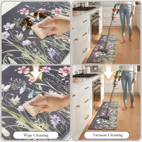 KIMODE Anti Fatigue Kitchen Mat, Farmhouse Floral Kitchen Rugs Grey Purple