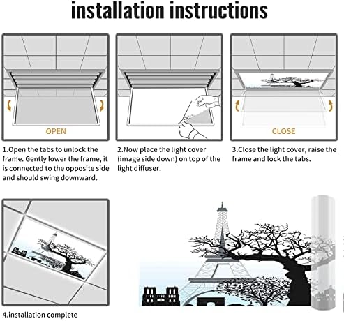 Fluorescent Light Cover Decorative Ceiling Light Filters,Paris Pattern,for Classroom Office Hospitals Home Ceiling Decorative,2ft x 4ft,Black Pale Grey Pale