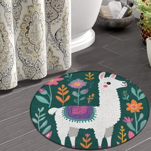 Fashion Round Area Rug Large Non Slip Carpet, Alpaca Botanical Boho Bohemia Llama Unisex Home Decor Mat