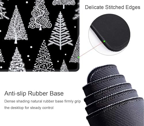 Gaming Large Mouse Pad with Stitched Edges, Christmas Tree Black White Leaf Circle Polka Dot Desk Mat, Extended Keyboard Pad, Non-Slip Rubber Base Desk Pad for Keyboard and Mouse, 31.5X11.8 inch