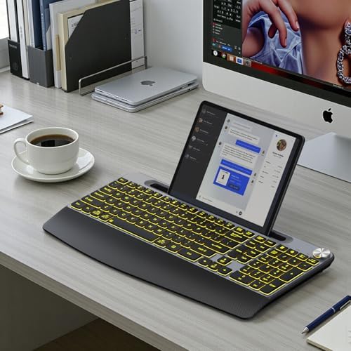 GAMCATZ Ergonomic Backlit Wireless Keyboard with Wrist Rest-Low-Profile,Phone/Tablet Holder,Rechargeable with Light Up Keyboard,Cordless Quiet Computer Keyboard for Desktop,Laptop, PC, Mac-Grey