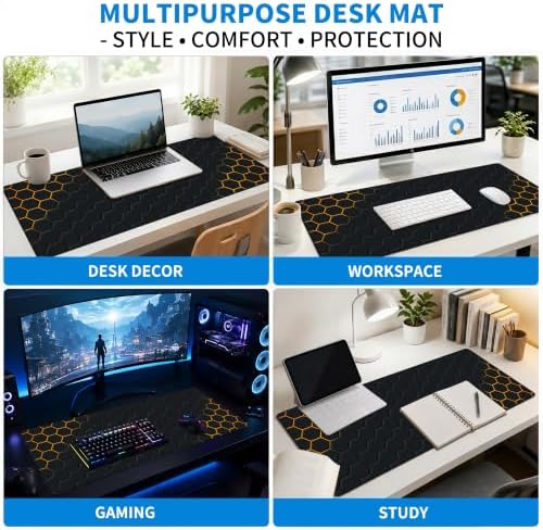 Extended Honeycomb Desk Mat, XL Large Gaming Mouse Pad, Gold Glowing Pattern Stitched Edges Waterproof Non-Slip Rubber Base for Computer Keyboard Laptop Work Home Office 31.5"x11.8"