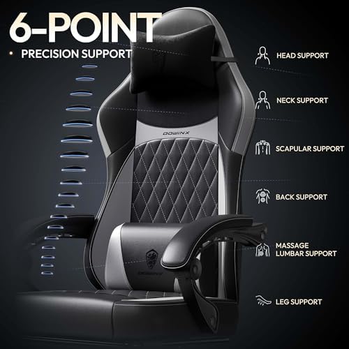 Dowinx Gaming Chair with Pocket Spring Cushion, Ergonomic Computer Chair with Massage Lumbar and Footrest for Adults, High Back Game Chair Leather for Office Gaming 300LBS, Grey New