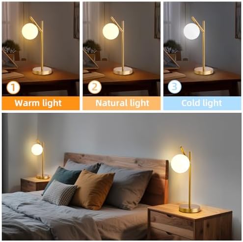 Gold Table Lamp, White Glass Globe lamp Mid Century Modern Bedside lamp Soft Glow Bedside Nightstand Light for Bedroom Living Room Study Office