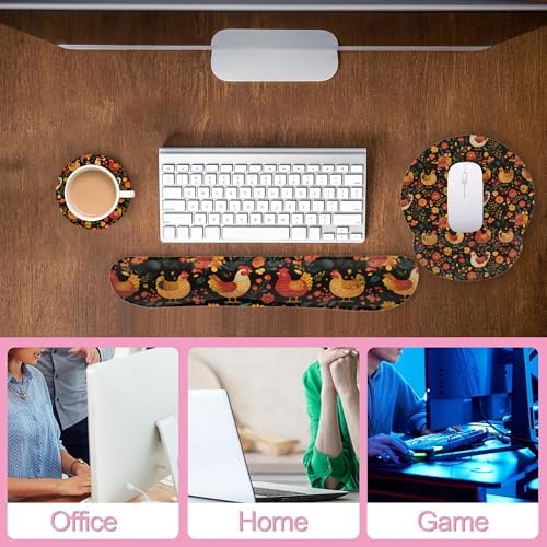 Chicken Rooster Hen Flower Meadow Mouse Pad with Wrist Rest Set,3-in-1 Wrist Support Mousepad Set,Gaming Mat Pad with Anti-Skid Base,Ergonomic Memory Foam Mouse Pad Set for Women,Office,Typing,Gaming