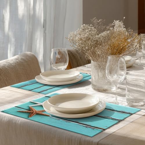 Shrahala Antique Rustic Teal Blue Set of 6 12 X 18 Inch Linen Placemats, Gold and White Starfish in Sand Border On Burlap Table Mat Washable Double Layered Heat Insulation for Indoor/Outdoor