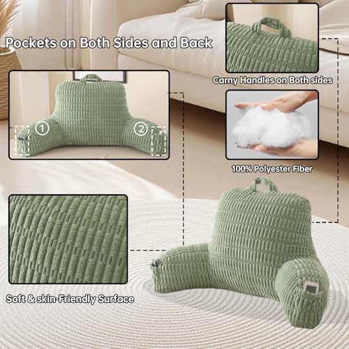 Reading Pillow for Sitting in Bed with Arm,Green Corduroy,M
