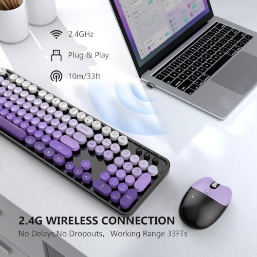 MOFII Wireless Keyboard and Mouse Combo, 2.4 GHz Full-Size Retro Round Keyboard and Mouse, Plug and Play, 8 Multimedia & Shortcut Keys for Mac, Windows, Laptop/Desktop/PC - Black Purple Gradient