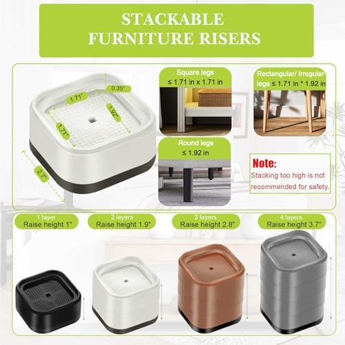 4 Pack Furniture Risers 1 Inch, Adjustable Bed Risers Heavy Duty for Table Desk Couch Chair Sofa Cabinet Bed Legs Dorm, Square Stackable Bed Raisers Blocks Lift Height 1", 2" or 3", White