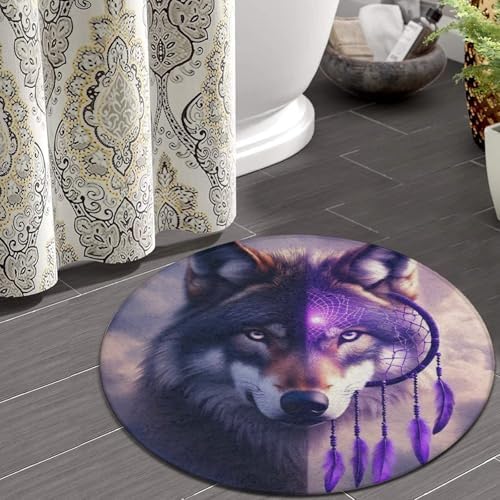 Soft Round Yoga Carpet, Office Chair Decor Round Mat for Carpet and Hardwood Floors Dream Catcher Wolf