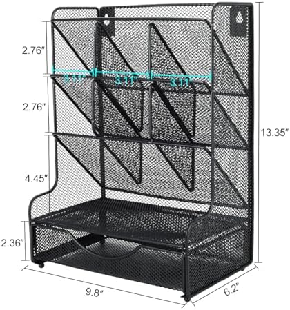 PAG-Mass Desk Organizer with Drawer Office Supplies and Accessories Storage Caddy Hanging Wall Shelf Metal Mesh Pencil Holder for Kids, 9 Compartments, Black