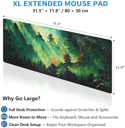 Extended Mystic Forest Desk Mat, XL Large Gaming Mouse Pad, Green Landscape Stitched Edges Waterproof with Non-Slip Rubber Base for Computer Keyboard Laptop Work Home Office 31.5"x11.8"