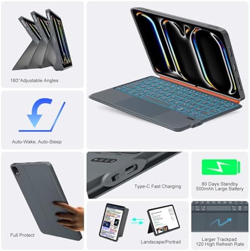 Keyboard Case for iPad Pro 11 (M5 M4 2025 2024), 3 in 1 Magnetic Detachable Keyboard with Larger Trackpad, Spring Backlit Keys, 160° Adjustable Kickstand, Slim&Lightweight (Dark Gray)