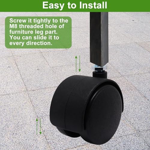 Plastic Caster Wheels 2 Inch, M8 Threaded Swivel Casters Set of 4, Black Nylon Replacement Casters Wheels for Furniture Table Cabinet Office Chair