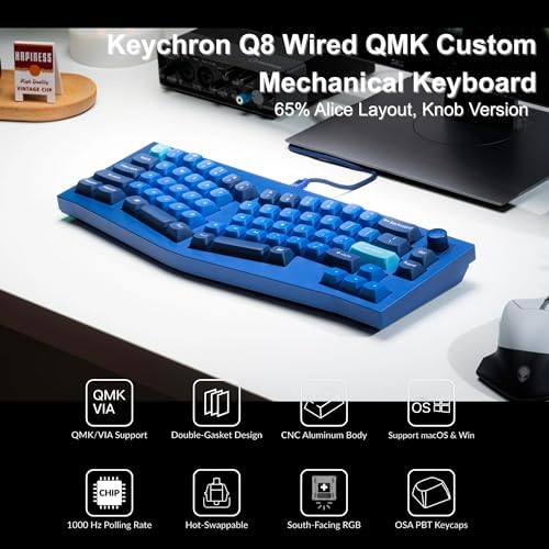 Keychron Q8 Wired Custom Mechanical Keyboard Knob Version, 65% Alice Layout QMK/VIA Programmable with Hot-swappable Gateron G Pro Red Switch Double Gasket Compatible with Mac Windows Linux (Blue)