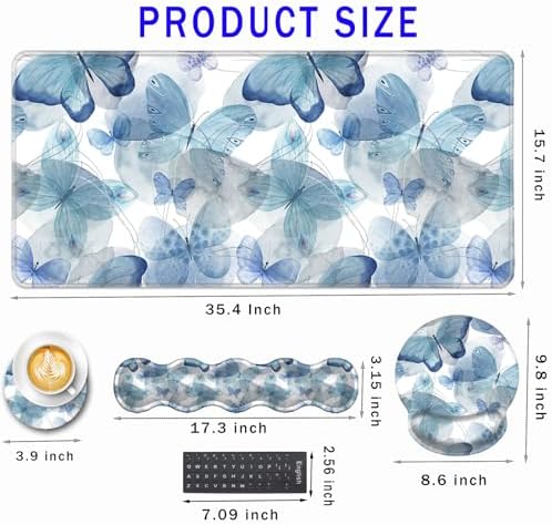 Mouse Pad,Large Pink Desk Mat, 4in1 XXL Mousepad + Keyboard Wrist Rest+Mouse Wrist Rest+Coaster Set with Ergonomic Desk Pad for Home Office Table Computer-Blue Butterfly