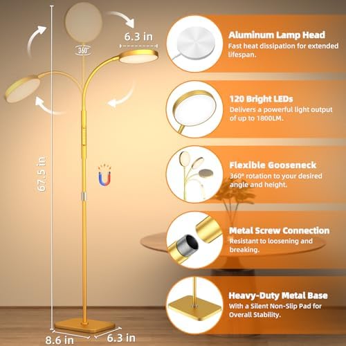 PACOVY Floor Lamp, Adjustable Height Floor Lamps for Living Room Bedroom, 120 LED Super Bright Standing Lamp Remote & Touch Control Dimmable Gooseneck Tall Stand Reading Lamp for Office Craft, Gold