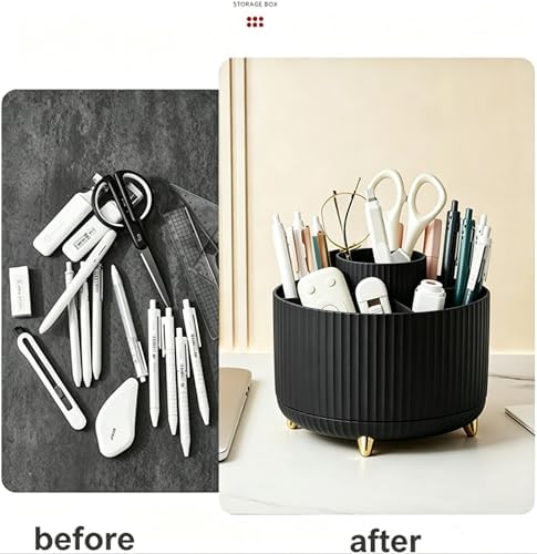 Pencil Pen Holder 5 Slots 360°Degree Rotating Pen Organizers for Desk Desktop Storage Stationery Supplies Cute Pencil Cup Pot Kids Desk Organizer for Office Home School（Black）