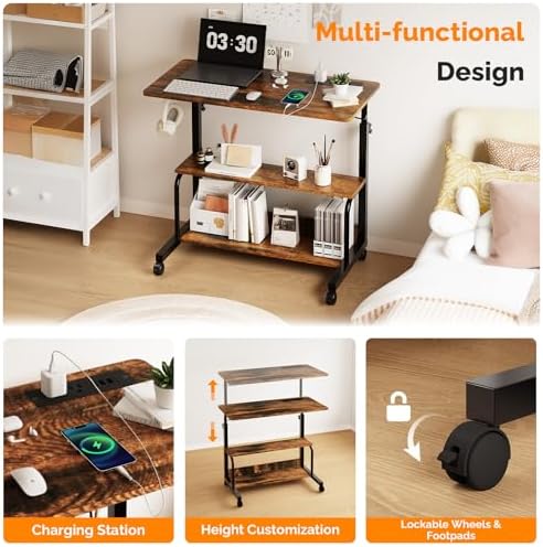 FCH 31.5" Mobile Small Standing Desk, Adjustable Height Mobile Computer Desk, w/2 AC Outlets + 3 USB Ports & Hooks, Storage Shelves, Suitable for Gaming, Studying, Home Office, Vintage Brown