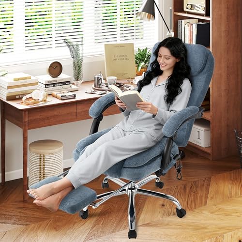 500LBS Massage Office Chair, Reclining 6 Points Vibration and Heat Desk Chair with Foot Rest, Ergonomic Executive Office Chairs, Comfy Wider & Thicker Seat, Big and Tall Gaming Chair, Fabric Blue