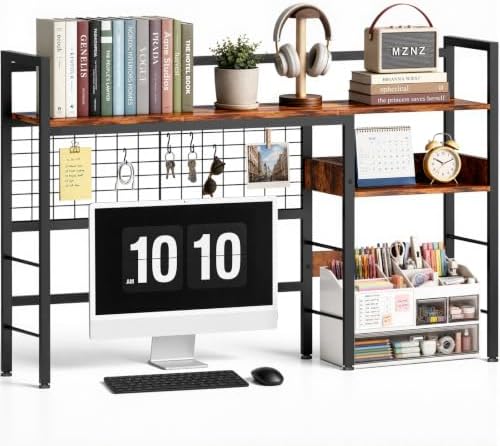 Desk Shelf, 44.9" Desk Hutch with Pegboard Hooks Set, Rustic Brown